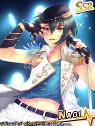Rule 34 | 10s, 1boy, angel beats!, belt, black hair, epaulettes, hat, male focus, microphone, microphone stand, naoi ayato, navel, short hair, sion (laterna magica), solo, standing, yellow eyes