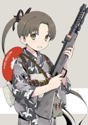 Rule 34 | 10s, 1girl, :d, aka ringo, ayanami (kancolle), ayanami kai ni (kancolle), brown eyes, brown hair, commentary request, floral print, grey background, gun, hand fan, highres, japanese clothes, kantai collection, kimono, long hair, looking at viewer, open mouth, paper fan, ponytail, rifle, smile, solo, submachine gun, type 100 smg, uchiwa, very long hair, weapon, yukata