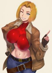 Rule 34 | absurdres, belt, blonde hair, blue eyes, blue mary, breasts, brown gloves, buckle, denim, fingerless gloves, gloves, hair ornament, hairclip, hand on own hip, highres, ippo, jacket, jeans, large breasts, navel, one eye closed, pants, pointing, red shirt, shirt, short hair, smile, teeth, the king of fighters, white background