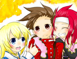 Rule 34 | 00s, 1girl, 2boys, ^ ^, arm on another&#039;s shoulder, blonde hair, blue eyes, blush, brown eyes, brown hair, buttons, chibi, colette brunel, closed eyes, gloves, grin, holding hands, hand on shoulder, happy, headband, jewelry, lloyd irving, long hair, multiple boys, necklace, open mouth, red hair, short hair, smile, spiked hair, suspenders, tales of (series), tales of symphonia, yamagatanaoya, zelos wilder