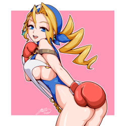 Rule 34 | 1girl, ass, blonde hair, blue eyes, blue leotard, boxing gloves, breasts, commentary, dated, earrings, from side, gloves, hair between eyes, hand up, highleg, highleg leotard, highres, jewelry, justice gakuen, leaning forward, leotard, long hair, looking at viewer, miura hajime, o-ring, open mouth, pink background, red gloves, signature, simple background, solo, star (symbol), star earrings, star print, thighs, tiffany lords, tongue, twisted torso