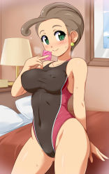 Rule 34 | 10s, 1girl, alexa (pokemon), bare shoulders, bed, blush, breasts, brown hair, competition swimsuit, condom, condom wrapper, covered erect nipples, covered navel, creatures (company), earrings, game freak, green eyes, jewelry, konpeto, lamp, large breasts, nintendo, one-piece swimsuit, pillow, pokemon, pokemon xy, smile, solo, sweat, swimsuit