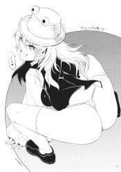Rule 34 | &gt;:d, 1girl, :d, :p, aged up, ass, bow, braid, breasts, cosplay, female focus, from behind, g-string, greyscale, hair bow, hat, highres, hip focus, kirisame marisa, large breasts, legs, long hair, looking at viewer, looking back, mizuryu kei, monochrome, moriya suwako, moriya suwako (cosplay), naughty face, no pants, non-web source, open mouth, panties, shoes, sideboob, smile, solo, spread legs, squatting, text focus, thighhighs, thong, tongue, tongue out, touhou, translated, underwear, v-shaped eyebrows, white thighhighs, wide hips