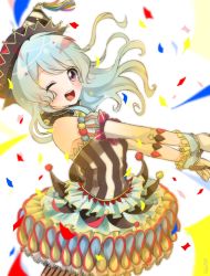 Rule 34 | 1girl, ;d, alice tea, bang dream!, blue hair, confetti, detached sleeves, dress, drumsticks, frilled cuffs, frilled dress, frills, from side, hat, highres, holding, holding instrument, instrument, jester, jester cap, light blue hair, long hair, looking at viewer, matsubara kanon, one eye closed, open mouth, pom pom (clothes), purple eyes, round teeth, smile, solo, striped, tassel, teeth, upper teeth only, vertical stripes, wrist cuffs