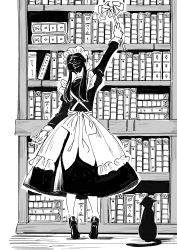 Rule 34 | 1girl, absurdres, animal, apron, arm up, bad id, bad pixiv id, blush, book, bookshelf, cat, commentary request, dress, duster, frilled apron, frills, from below, full body, greyscale, highres, holding, holding duster, juliet sleeves, long hair, long sleeves, looking away, low twintails, maid, maid apron, maid headdress, monochrome, original, outstretched arm, pantyhose, puffy sleeves, reaching, shadow, shii (kairi-t-k0317), shoes, soles, solo, standing, tiptoes, twintails, white background