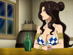 Rule 34 | 1girl, bottle, bracelet, breasts, brown hair, cana alberona, cleavage, fairy tail, highres, indoors, jewelry, large breasts, long hair, night, purple eyes, screencap, sitting, solo, stitched, table, tagme, third-party edit, window