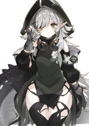 Rule 34 | 1girl, :&lt;, ahoge, andou yuna, arknights, black sleeves, black thighhighs, braid, cowboy shot, crocodilian tail, detached sleeves, fingerless gloves, flower, gloves, goggles, goggles around neck, green eyes, green shirt, grey background, grey gloves, grey hair, hair ornament, hairclip, hand up, highres, hood, hood up, looking at viewer, multicolored hair, pointy ears, shirt, simple background, sleeveless, sleeveless shirt, solo, streaked hair, tail, thighhighs, thighs, tomimi (arknights), torn clothes, torn thighhighs, white flower