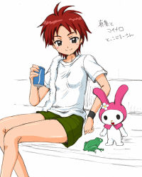 Rule 34 | 00s, aoyama reo, bench, black eyes, blush, can, drink can, flower, frog, fujisaki mana, lowres, my melody, onegai my melody, rabbit, red hair, sanrio, shirt, short hair, shorts, sitting, smile, soda can, solo, t-shirt, tomboy, towel, translated, wristband