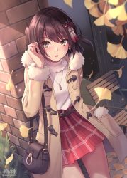 Rule 34 | 1girl, adjusting hair, bag, belt, blouse, blush, brown eyes, brown hair, buckle, casual, chair, coat, falling leaves, fur-trimmed coat, fur trim, jewelry, kantai collection, leaf, looking at viewer, morigami (morigami no yashiro), necklace, open clothes, open coat, open mouth, outdoors, plaid, plaid skirt, red skirt, sendai (kancolle), sendai kai ni (kancolle), shirt, short hair, skirt, smile, solo, twitter username, two side up, white shirt