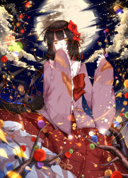 Rule 34 | 1girl, alternate eye color, black hair, bow, branch, cloud, commentary request, covering own mouth, floating hair, floral print, flower, frilled sleeves, frills, full moon, hair flower, hair ornament, highres, hime cut, holding, houraisan kaguya, jeweled branch of hourai, long hair, long skirt, looking at viewer, moon, red bow, red skirt, skirt, sleeves past wrists, smile, solo, spell card, touhou, transparent (randomhs), very long hair, wide sleeves, yellow eyes