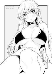 Rule 34 | 1girl, bikini, blush, breasts, choker, collarbone, commentary request, dated, greyscale, highres, kichihachi, large breasts, looking to the side, monochrome, navel, original, sitting, solo, swimsuit, twitter username, two-tone background, white background