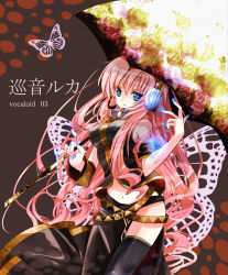 Rule 34 | 1girl, blue eyes, blue nails, breasts, bug, butterfly, headphones, headset, bug, large breasts, long hair, megurine luka, midriff, nail polish, navel, pink hair, pompier, side slit, skirt, solo, thighhighs, tsucaco, umbrella, vocaloid