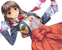 Rule 34 | 10s, 1girl, aaru (tenrake chaya), blue gloves, blush, breasts, brown eyes, brown hair, chiyoda (kancolle), gloves, headband, japanese clothes, kantai collection, large breasts, long sleeves, looking to the side, open mouth, red skirt, scarf, short hair, simple background, skirt, solo, striped clothes, striped scarf, tassel, white background