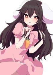 Rule 34 | 1girl, alternate hair length, alternate hairstyle, animal ears, blush, bright pupils, brown hair, carrot necklace, commentary request, dress, fang, hair between eyes, hand in own hair, highres, inaba tewi, long hair, looking at viewer, necklace, parted lips, pink dress, puffy short sleeves, puffy sleeves, rabbit ears, red eyes, ruffling hair, short sleeves, simple background, solo, touhou, tsukimirin, white background