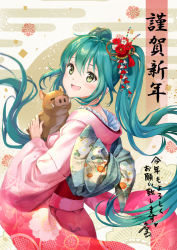 Rule 34 | 1girl, :d, animal, back bow, boar, bow, chinese zodiac, floating hair, flower, green eyes, green hair, hair between eyes, hair flower, hair ornament, hakueil, hatsune miku, holding, holding animal, japanese clothes, kimono, long hair, nengajou, new year, open mouth, pink kimono, red flower, smile, solo, standing, twintails, very long hair, vocaloid, year of the pig, yukata