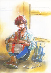 Rule 34 | 1980s (style), 1girl, bag, box, breasts, christina mackenzie, cleavage, closed eyes, gift, gundam, gundam 0080, highres, mikimoto haruhiko, notebook, official art, oldschool, ponytail, production art, promotional art, red hair, retro artstyle, scan, sitting, sketch, traditional media, window