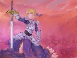 Rule 34 | 1girl, adapted costume, armor, armored dress, artoria pendragon (all), artoria pendragon (fate), blonde hair, dress, excalibur (fate/stay night), fate/zero, fate (series), gauntlets, green eyes, hair ribbon, pauldrons, planted, planted sword, planted weapon, ribbon, saber (fate), shoulder armor, solo, sword, weapon, yanami (yanayana company)