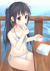 Rule 34 | 1girl, bad id, bad pixiv id, bare arms, bare shoulders, bench, bikini, black hair, blue ribbon, blush, collarbone, commentary request, day, double scoop, food, front-tie bikini top, front-tie top, hair ribbon, halterneck, highres, holding, holding spoon, ice cream, ice cream cup, ice cream spoon, long hair, looking away, napkin, navel, ocean, original, outdoors, pink eyes, railing, ribbon, side-tie bikini bottom, sidelocks, sitting, smile, solo, spoon, swimsuit, table, tareme, twintails, usagino suzu, white bikini, wooden table