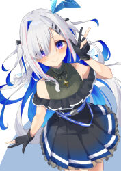 Rule 34 | 1girl, :&gt;, absurdres, amane kanata, amane kanata (work), angel wings, belt, black dress, black gloves, blue belt, blue hair, blue wings, blush, colored inner hair, commentary, cowboy shot, dress, frilled dress, frills, gloves, hair ornament, hair over one eye, hairclip, halo, hand up, highres, hololive, jewelry, kisara mikami, looking at viewer, looking up, multicolored hair, multicolored wings, necklace, official alternate hair length, official alternate hairstyle, partially fingerless gloves, pink hair, purple eyes, shadow, simple background, single hair intake, smile, solo, star (symbol), star halo, star necklace, streaked hair, striped belt, virtual youtuber, w, white background, white hair, wings