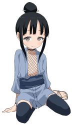 Rule 34 | 1girl, absurdres, black hair, black thighhighs, blue kimono, blush, brown eyes, brown footwear, closed mouth, collarbone, commentary request, fishnets, full body, hair bun, hair ornament, hairpin, highres, japanese clothes, kimono, kunoichi tsubaki no mune no uchi, long hair, long sleeves, looking at viewer, mokuren (kunoichi tsubaki no mune no uchi), obi, official art, sandals, sash, sidelocks, simple background, single hair bun, smile, solo, thighhighs, white background, yamamoto souichirou