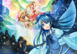 Rule 34 | 3girls, arm ribbon, blonde hair, blue dress, blue eyes, blue hair, bow, brooch, brown dress, brown eyes, dress, drill hair, closed eyes, fairy, fairy wings, hair bow, hat, jewelry, juliet sleeves, long sleeves, looking at viewer, luna child, maid headdress, mosho, multiple girls, open mouth, outstretched arms, painting (medium), puffy sleeves, ribbon, sash, shirt, skirt, smile, star sapphire, sunny milk, touhou, traditional media, twintails, watercolor (medium), wings