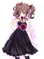 Rule 34 | 00s, 1girl, anise tatlin, bad id, bad pixiv id, brown eyes, dress, female focus, gradient background, long hair, plant, ribbon, riichu, solo, tales of (series), tales of the abyss, thighhighs, twintails, white background