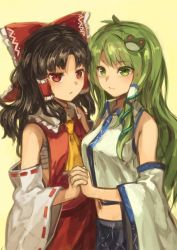 Rule 34 | 2girls, ascot, berabou, black hair, blue skirt, bow, breasts, detached sleeves, expressionless, flat chest, frilled bow, frilled shirt collar, frills, frog hair ornament, green eyes, green hair, hair bow, hair ornament, hair tubes, hakurei reimu, highres, holding hands, interlocked fingers, kochiya sanae, long hair, medium breasts, midriff, multiple girls, navel, red eyes, red shirt, red skirt, ribbon-trimmed sleeves, ribbon trim, sarashi, shirt, simple background, skirt, sleeveless, sleeveless shirt, snake hair ornament, touhou, upper body, white shirt, wide sleeves, yellow background