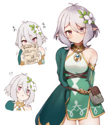 Rule 34 | !?, 1girl, :x, antenna hair, arms behind back, bare shoulders, blush, breasts, bridal gauntlets, closed mouth, commentary request, covered mouth, cropped torso, detached sleeves, dress, elf, flower, green sleeves, grey hair, hair between eyes, hair flower, hair ornament, hands up, highres, holding, kokkoro (princess connect!), long sleeves, multiple views, pink eyes, pointy ears, princess connect!, puffy long sleeves, puffy sleeves, see-through, see-through sleeves, simple background, sleeveless, sleeveless dress, small breasts, wanimaru, white background, white dress, white flower