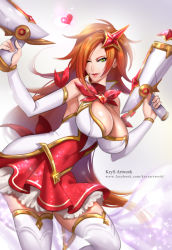 Rule 34 | 1girl, alternate costume, alternate hairstyle, bare shoulders, boots, breasts, cleavage, detached sleeves, dress, dual wielding, gold trim, green eyes, gun, hair ornament, hair over one eye, handgun, high heel boots, high heels, holding, krys, large breasts, league of legends, lipstick, long hair, looking at viewer, magical girl, makeup, miss fortune (league of legends), one eye closed, orange hair, pistol, short dress, solo, sparkle, star (symbol), star guardian (league of legends), star guardian miss fortune, watermark, weapon, web address, wink