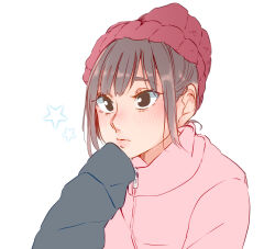 Rule 34 | 1girl, beanie, blush, brown hair, closed mouth, commentary request, hat, highres, jacket, kashikaze, long sleeves, pink jacket, real life, red hat, saitou shuka, short hair, sidelocks, simple background, sleeves past wrists, solo, star (symbol), upper body, voice actor, white background, zipper, zipper pull tab