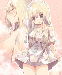 Rule 34 | 1girl, after bathing, blonde hair, blush, breasts, closed eyes, female focus, genderswap, genderswap (mtf), long hair, looking down, msp sammy, novel illustration, official art, one eye closed, open mouth, outline, print shirt, shirt, shower, solo, tareme, water, wet, white outline