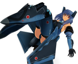 Rule 34 | 1girl, aasara, aircraft, airplane, alternate color, bare shoulders, black thighhighs, blue hair, camouflage, canopy, gauntlets, japan air self-defense force, japan self-defense force, jet, mecha musume, military, mitsubishi f-2, original, red eyes, robot ears, simple background, solo, star-shaped pupils, star (symbol), symbol-shaped pupils, thighhighs, white background