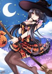 Rule 34 | 1girl, absurdres, black hair, breasts, broom, broom riding, commentary, crescent moon, date a live, dress, english commentary, finger to mouth, hair over one eye, halloween, hat, highres, lewdkuma, long hair, low twintails, medium breasts, moon, night, night sky, no shoes, red eyes, sky, solo, star (sky), starry sky, thighhighs, tokisaki kurumi, twintails, very long hair, witch hat