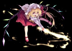 Rule 34 | 1girl, ascot, bare legs, black background, blonde hair, energy sword, fang, flandre scarlet, full body, hat, hat ribbon, highres, holding, holding sword, holding weapon, leaning forward, long sleeves, looking at viewer, mob cap, open mouth, red eyes, red footwear, red ribbon, red skirt, ribbon, shoes, skirt, smile, solo, sword, touhou, waira, weapon, white hat, wings