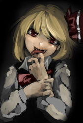 Rule 34 | 1girl, ascot, blonde hair, bow, dark, fang, hair bow, head tilt, nurupo (abooon), open mouth, red eyes, rumia, saliva, solo, tongue, tongue out, touhou