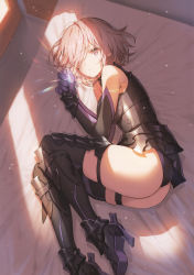 Rule 34 | 1girl, absurdres, ankle boots, armor, armored boots, armored dress, ass, bare shoulders, bed, bed sheet, boots, breasts, elbow gloves, fate/grand order, fate (series), faulds, gloves, glowing, hair over one eye, high heels, highres, holding, indoors, leotard, looking at viewer, lying, mash kyrielight, medium breasts, on bed, on side, parted lips, purple eyes, purple hair, saitou masatsugu, scan, shadow, short hair, sleeveless, solo, thigh strap, thighhighs, thighs
