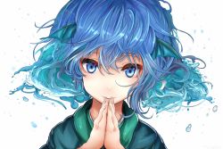 Rule 34 | 1girl, blue eyes, blue hair, commentary request, drill hair, eyebrows, eyelashes, fins, green kimono, hair between eyes, head fins, houdukixx, japanese clothes, kimono, liquid hair, looking at viewer, mermaid, monster girl, own hands together, smile, solo, touhou, wakasagihime