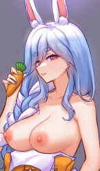 Rule 34 | 1girl, animal ear fluff, animal ears, arynah, blue hair, braid, braided ponytail, breasts, carrot, food, highres, holding, holding carrot, hololive, large breasts, long hair, looking at viewer, multicolored hair, nipples, open mouth, pekomama, rabbit ears, rabbit girl, red eyes, short eyebrows, smile, solo, thick eyebrows, topless, vegetable, virtual youtuber, white hair