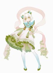 Rule 34 | 1girl, absurdres, ahoge, bare arms, bell, blue thighhighs, blush, chinese clothes, closed mouth, cone hair bun, double bun, dress, eyelashes, flower, frilled dress, frills, frown, full body, gradient legwear, green footwear, hagoromo, hair bun, hair flower, hair ornament, hand on own hip, highres, jingle bell, leaf, lege bushi shiwu, looking at viewer, original, shawl, shoes, short dress, sleeveless, sleeveless dress, solo, standing, tassel, thighhighs, toggles, updo, upskirt, white background, white dress, white hair, white thighhighs