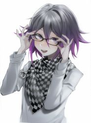 Rule 34 | 1boy, :d, absurdres, adjusting eyewear, argyle, bespectacled, black hair, checkered background, checkered clothes, checkered scarf, danganronpa (series), danganronpa v3: killing harmony, glasses, hair between eyes, hands up, highres, kyandii, long sleeves, looking at viewer, male focus, open mouth, oma kokichi, purple eyes, purple hair, scarf, short hair, smile, solo, straitjacket, teeth, upper body, upper teeth only