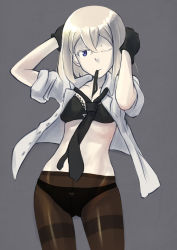 Rule 34 | 10s, 1girl, admiral (kancolle), black bra, black gloves, black necktie, black panties, black pantyhose, blonde hair, bow, bow panties, bra, breasts, brown pantyhose, buttons, cleavage, collarbone, colored eyelashes, cowboy shot, crotch seam, dress shirt, dressing, erica (naze1940), female admiral (kancolle), female focus, gloves, grey background, hands on own head, highres, kantai collection, lace, lace-trimmed bra, lace trim, long sleeves, looking at viewer, mouth hold, navel, necktie, one eye closed, open clothes, open shirt, original, pale skin, panties, panties under pantyhose, pantyhose, purple eyes, shirt, short hair, simple background, sleeves pushed up, small breasts, solo, underwear