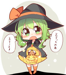Rule 34 | 1girl, :o, black cape, black hat, blush, cape, carrot, chibi, dress, fang, full body, green eyes, green hair, gumi, halloween, halloween costume, hat, hat ribbon, highres, holding, jack-o&#039;-lantern, long sleeves, looking at viewer, orange legwear, orange ribbon, pachio (patioglass), ribbon, short hair with long locks, solo, standing, translated, trick or treat, v-shaped eyebrows, vocaloid, witch hat, yellow dress