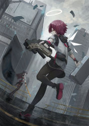 Rule 34 | 2girls, aiming, aiming at viewer, animal ears, ankle boots, arknights, belt, belt pouch, black footwear, black gloves, black legwear, black shorts, black skirt, boots, city, cloud, cloudy sky, colored inner hair, commentary, day, detached wings, energy wings, exusiai (arknights), fingerless gloves, full body, gloves, gun, halo, hand in pocket, highres, holding, holding gun, holding suitcase, holding sword, holding weapon, hood, hood down, hooded jacket, jacket, lungmen dollar, miniskirt, money, mouth hold, multicolored clothes, multicolored hair, multicolored jacket, multiple girls, nekoreito, orange eyes, outdoors, pantyhose, pantyhose under shorts, pouch, purple hair, red hair, running, short hair, shorts, skirt, sky, sleeves past elbows, standing, suitcase, sword, symbol-only commentary, tail, texas (arknights), thigh strap, two-tone hair, two-tone jacket, weapon, wings, wolf ears, wolf girl, wolf tail