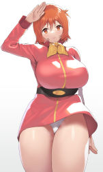 Rule 34 | 1girl, belt, breasts, brown eyes, brown hair, cowboy shot, curvy, dress, fraw bow, freckles, gundam, hair between eyes, highres, impossible clothes, impossible dress, large breasts, long sleeves, looking at viewer, military, military uniform, mobile suit gundam, nagase haruhito, neckerchief, orange hair, panties, pantyshot, red dress, salute, short dress, short hair, simple background, solo, sweatdrop, thick thighs, thighs, underbust, underwear, uniform, white background, white panties, yellow neckerchief