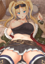 Rule 34 | 1girl, arm grab, ass, bare shoulders, belt, black panties, black shirt, black skirt, blonde hair, blue eyes, blush, boots, braid, breasts, crop top, eyewear on head, french braid, frown, fur-trimmed jacket, fur trim, granblue fantasy, green jacket, hair intakes, held down, holding another&#039;s wrist, jacket, large breasts, long hair, long sleeves, looking at viewer, lying, midriff, miniskirt, navel, nipples, no bra, on back, one breast out, open clothes, open jacket, open mouth, panties, parted bangs, pleated skirt, pov, restrained, sack, shirt, skirt, solo focus, spaghetti strap, sunglasses, sweatdrop, thigh boots, thighhighs, thighhighs under boots, underwear, upskirt, yasojima nejiro, zeta (dark) (granblue fantasy), zeta (granblue fantasy)