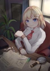1girl, absurdres, armchair, blonde hair, blue eyes, chair, closed mouth, collared shirt, commentary, english commentary, feathers, fish skeleton, flareza, furniture, highres, hololive, hololive english, indoors, looking at viewer, mustache print, plant, shirt, sitting, smile, solo, virtual youtuber, watson amelia, window