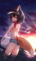 Rule 34 | 1girl, absurdres, animal ear fluff, animal ears, aoinu (aoinu 99), back, bikini, blue archive, blue shorts, blush, breasts, brown eyes, brown hair, fox ears, fox tail, from behind, hair between eyes, highres, holding, izuna (blue archive), izuna (swimsuit) (blue archive), looking at viewer, looking back, micro shorts, ocean, open mouth, outdoors, red scarf, scarf, shorts, solo, striped bikini, striped clothes, swimsuit, tail, visor cap, wading, water