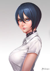 Rule 34 | 1girl, badcompzero, black hair, blue eyes, breasts, gradient background, grey background, lips, looking at viewer, original, short hair, signature, smile, solo, upper body