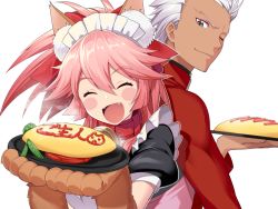 Rule 34 | 1boy, 1girl, alternate costume, animal ear fluff, animal ears, animal hands, apron, archer (fate), bell, blush, breasts, cat hair ornament, closed eyes, collar, enmaided, fate/grand order, fate (series), food, fox ears, fox tail, gloves, hair ornament, hair ribbon, hakka (88hk88), long hair, looking at viewer, maid, maid apron, maid headdress, neck bell, omelet, omurice, open mouth, paw gloves, pink hair, ribbon, tail, tamamo (fate), tamamo cat (fate), tamamo cat (second ascension) (fate), white apron