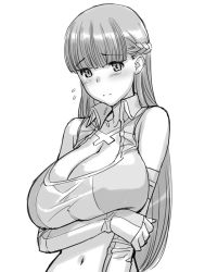 Rule 34 | 1girl, bare shoulders, breast hold, breasts, chousoku henkei gyrozetter, cleavage, crossed arms, flying sweatdrops, greyscale, huge breasts, long hair, magaki ryouta, mizuki yuika, monochrome, navel, race queen, simple background, solo, white background